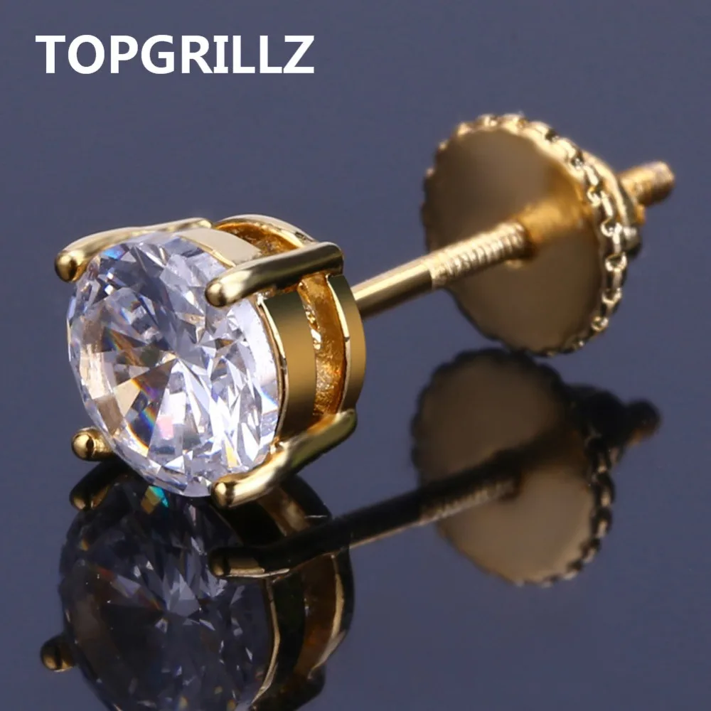 TOPGRILLZ хип хоп Iced Out Bling 6 мм круглый Фионит серьги золото/серебро микро-паве лаборатория D серьги с закручивающаяся задняя часть
