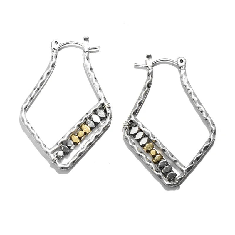 antique silver Винтажные геометрические серьги с натуральным камнем и бусинами для женщин, массивные полые серьги из сплава с покрытием из античного серебра, брендовые ювелирные изделия - Окраска металла: antique silver