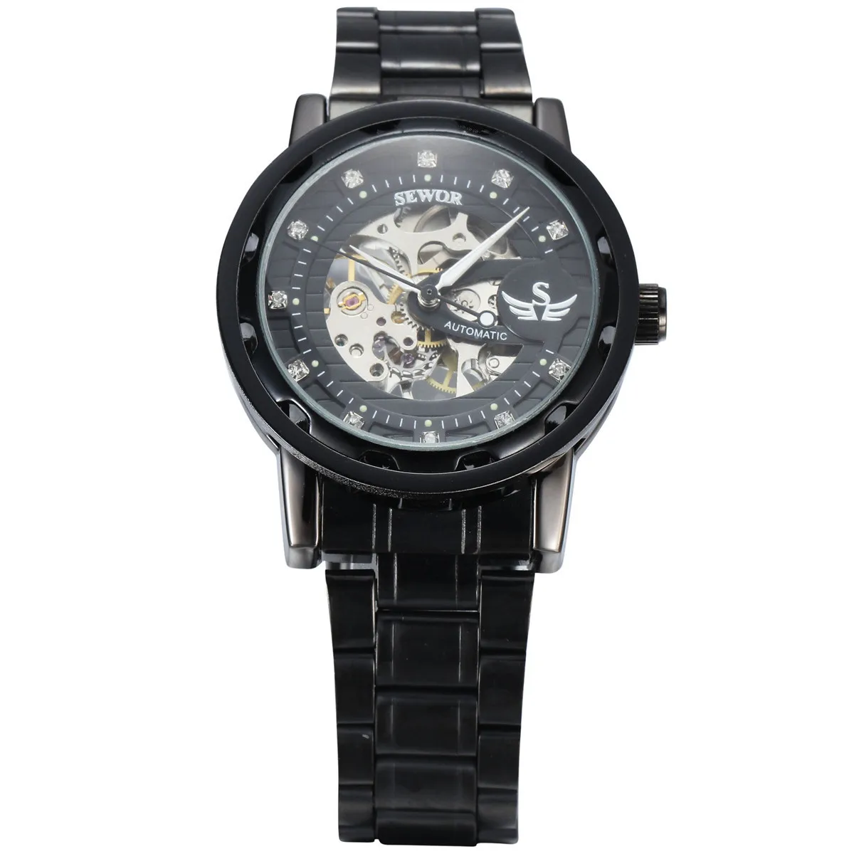 Новинка 2017 модные черные стальные Мужские часы скелетоны брендовые ажурные