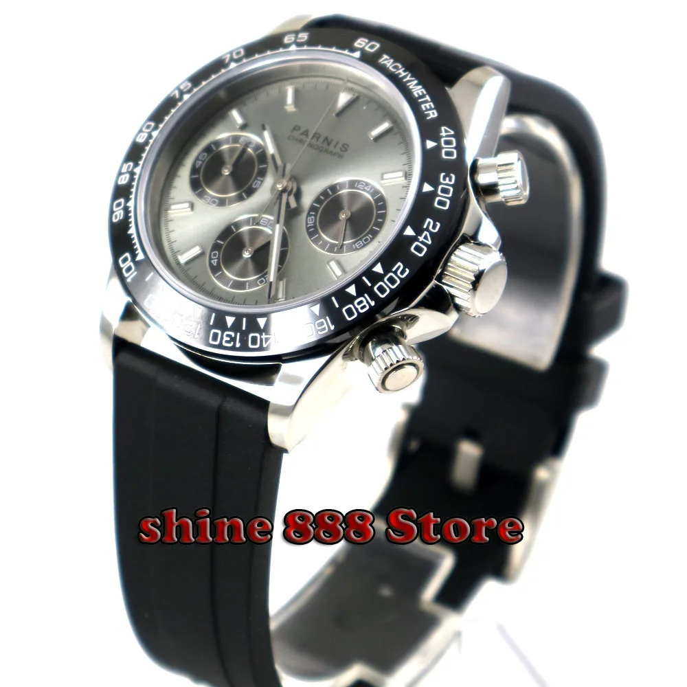 

39mm PARNIS gray dial sapphire glass date full Chronograph quartz mens watch