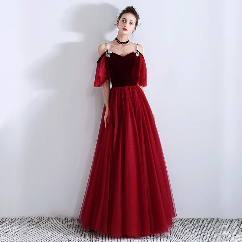 SSYFashion Новое банкетное элегантное бордовое Вечернее Платье велюровое с тюлем v-образным вырезом Бисероплетение Длина до пола официальное платье Vestido De Noche