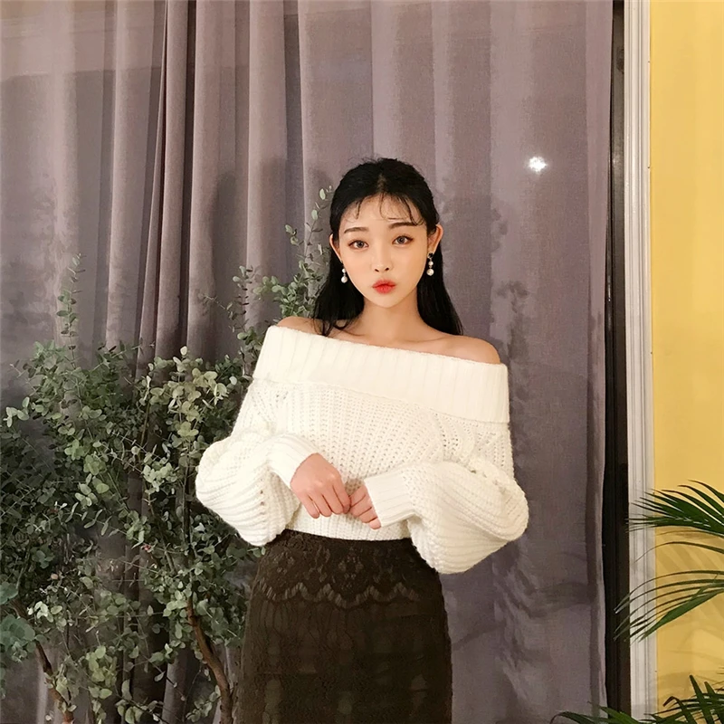 HziriP 2018 Korea Chic Autumn Winter New Women Sweater Long Sleeve Sexy Off Shoulder Pullover Loose Solid Female Elegant Tops | Женская
