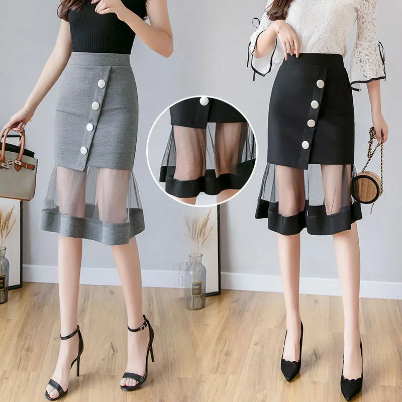 S-5XL New Women Skirt High waist Mesh patchwork Mermaid Skirt Slim Sexy Pencil Skirt Elegant button Office Ladies Skirts