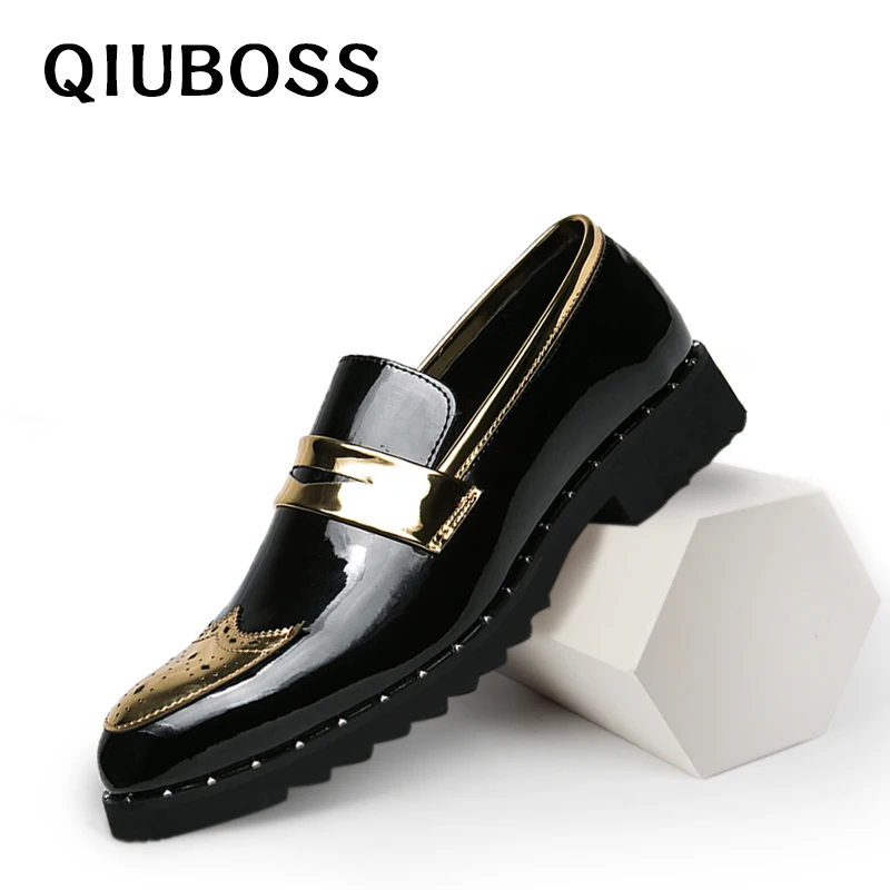 

Patent Leather Dress Shoes Fashion New Gold Men Shoes Luxury Brand Casual Loafers Men Pointed Toe Moccasin party wedding shoes