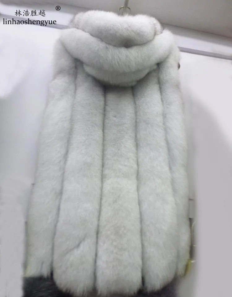 Linhaoshengyue Long 75cm  Real  Fox Fur Vest with  Hood