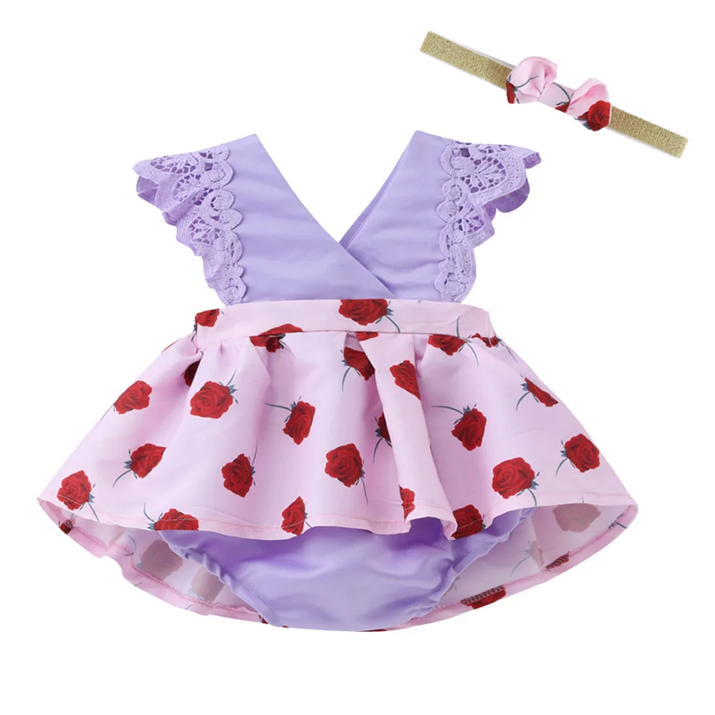 Baby Girl Sleeveless Lace Rose Floral Print Romper Jumpsuit Sunsuit Hairaband Set Newborn Toddler Infant Summer Fashion | Детская одежда