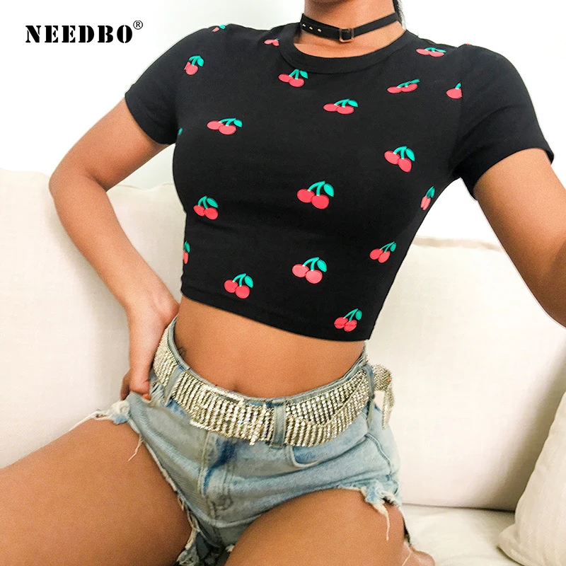 Лидер продаж сексуальный укороченный топ NEEDBO женская футболка с принтом вишни
