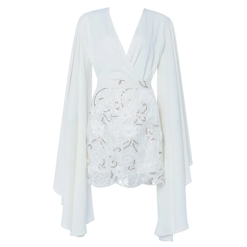 

Beateen 2019 New Vestidos Women Sexy Chic Cloak Sleeve Deep V Lace Sequin Floral Bodycon Ruffles Mini Dress Party Summer Dress