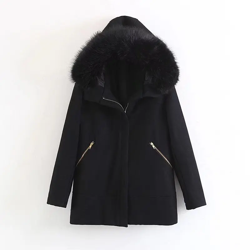 European and American fashion hairy collar short zipper overcoat Women Autumn Winter Coat Woolen Jacket Loose Fitness Elegant | Женская