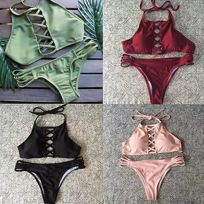 

Swimwear Women Solid Bikini Set Bandage Push-Up Padded Swimsuit Bathing Beachwear UK Summer Women Beachwear Low Waist