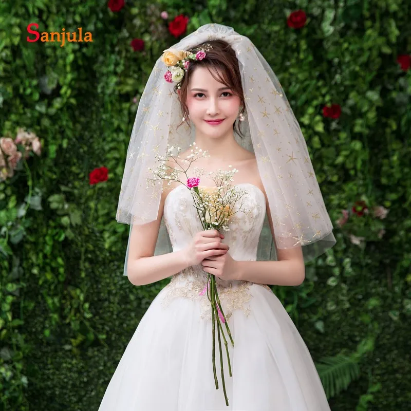 Four Layers Tulle Wedding Veil with Gold Sea Stars Shoulder Length Comb Bridal Accessories accesorios mujer V101 | Свадьбы и