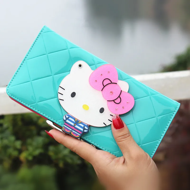 blue Женские длинные кожаные кошельки с бантом от известного бренда hello kitty carteira feminina couro portefeuille femme 40 - Цвет: blue