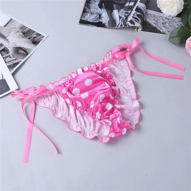 Мужской гофрированный Frilly Блестящий гладкий горошек Strappy Сисси набор белья бикини без косточек Холтер бюстгальтер топ с трусами нижнее белье