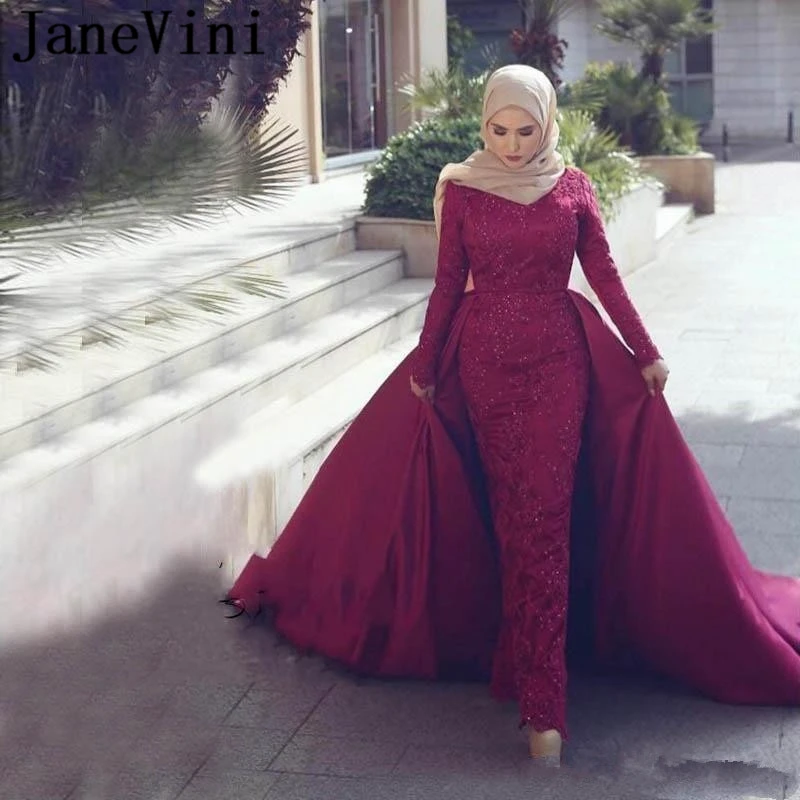 

JaneVini Muslim Vintage Mermaid Evening Dresses with Detachable Train Saudi Arabic Long Sleeves Prom Satin Dress Robes De Soiree