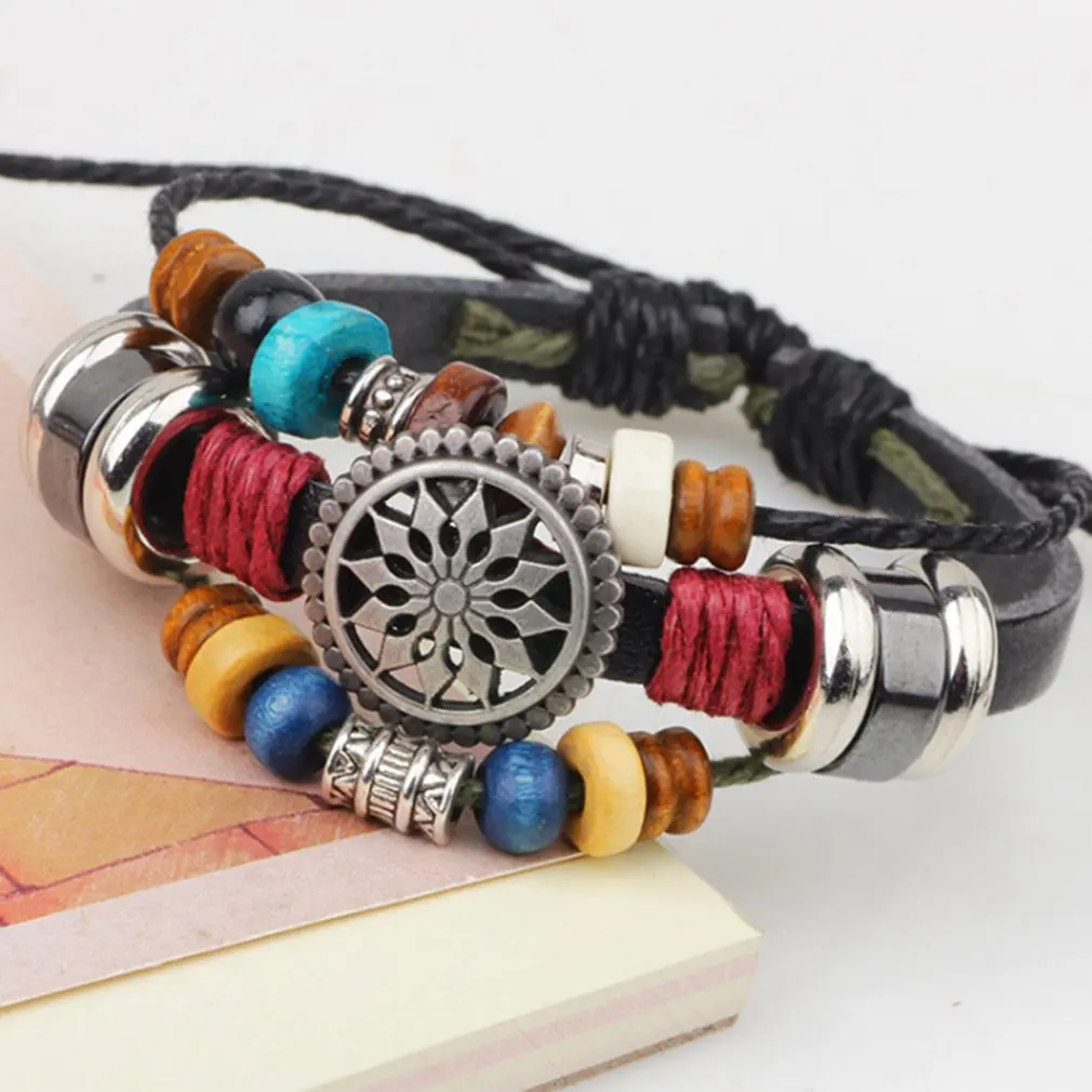 Винтажный Многослойный кожаный браслет мужские модные плетеные бусы сделанные