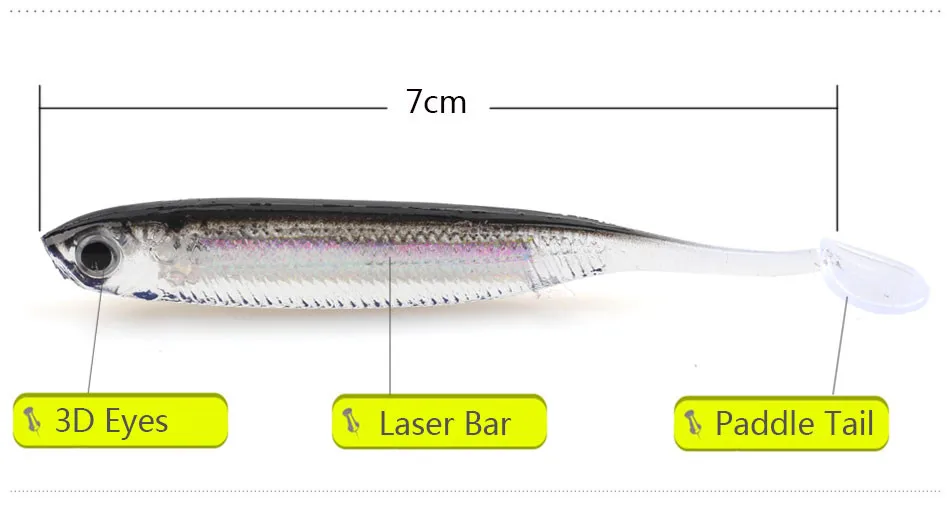 ALLBLUE Мягкая приманка 6 шт./лот 2,2 г/70 мм для рыбалка на сельдь Рыбалка Swimbaits джиг головная Мягкая приманка нахлыстом приманка весло хвост приманки