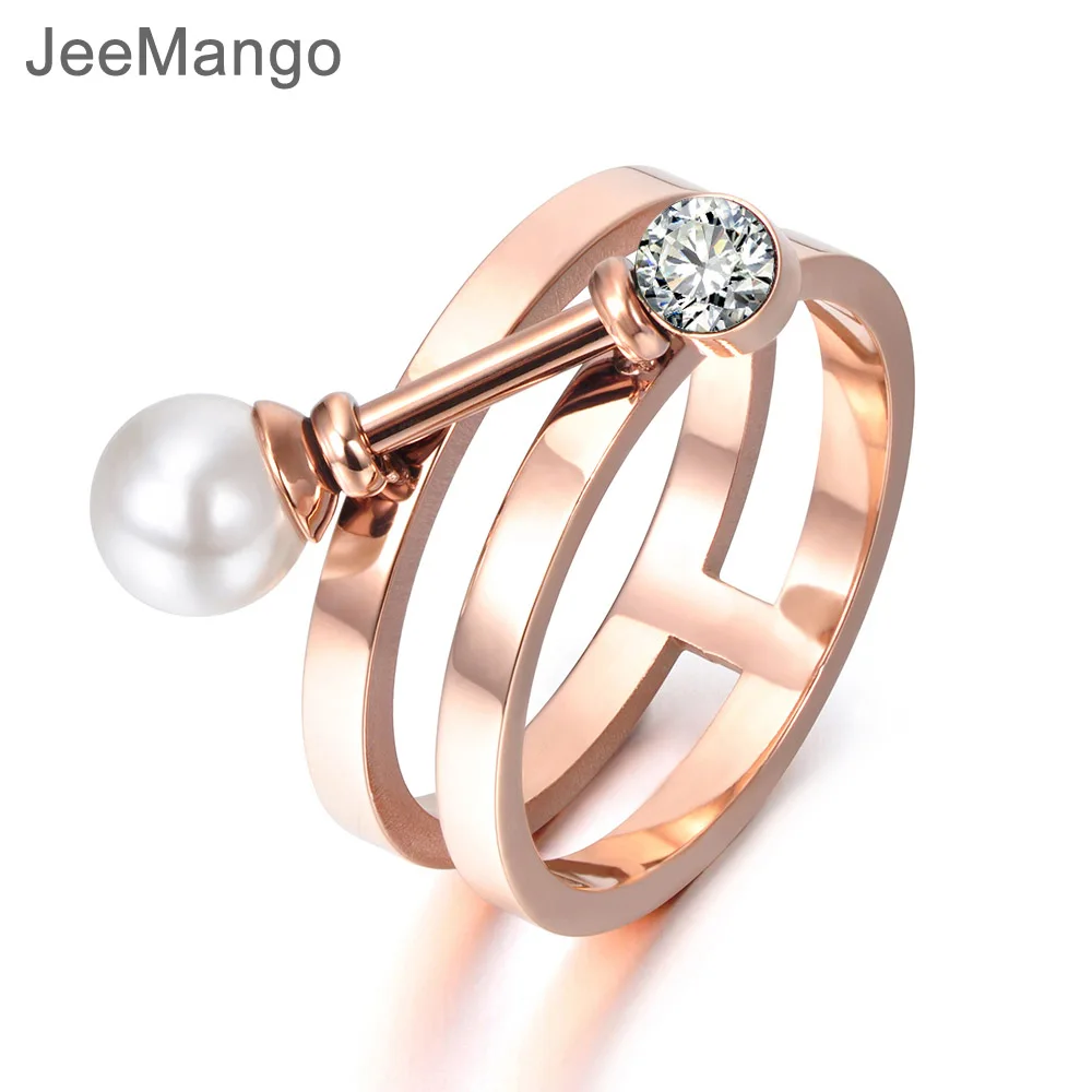 Женское кольцо с искусственным жемчугом JeeMango обручальное из титановой стали