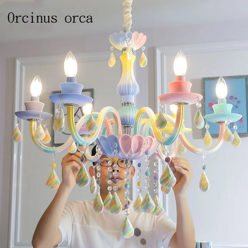 European creative Rainbow Crystal Chandelier Princess bedroom girl bedroom children's room lamp American dream candle chandelier