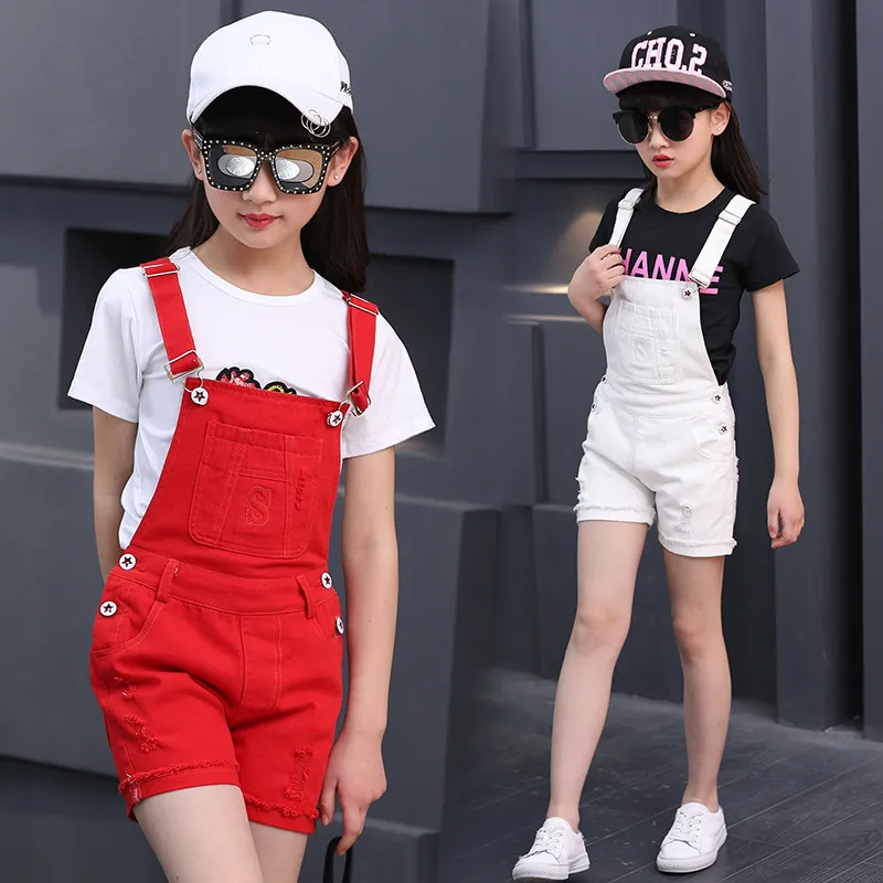 

100% Cotton Solid Black White Red Short Overalls For Girls Age 4-12 Teens Girl Short Suspender Bib Pants For Summer High Quality