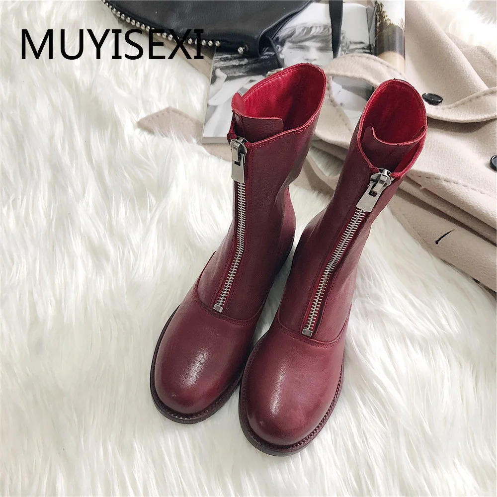 Ботинки из натуральной кожи на молнии спереди Женские ботинки осень и зиму Цвет