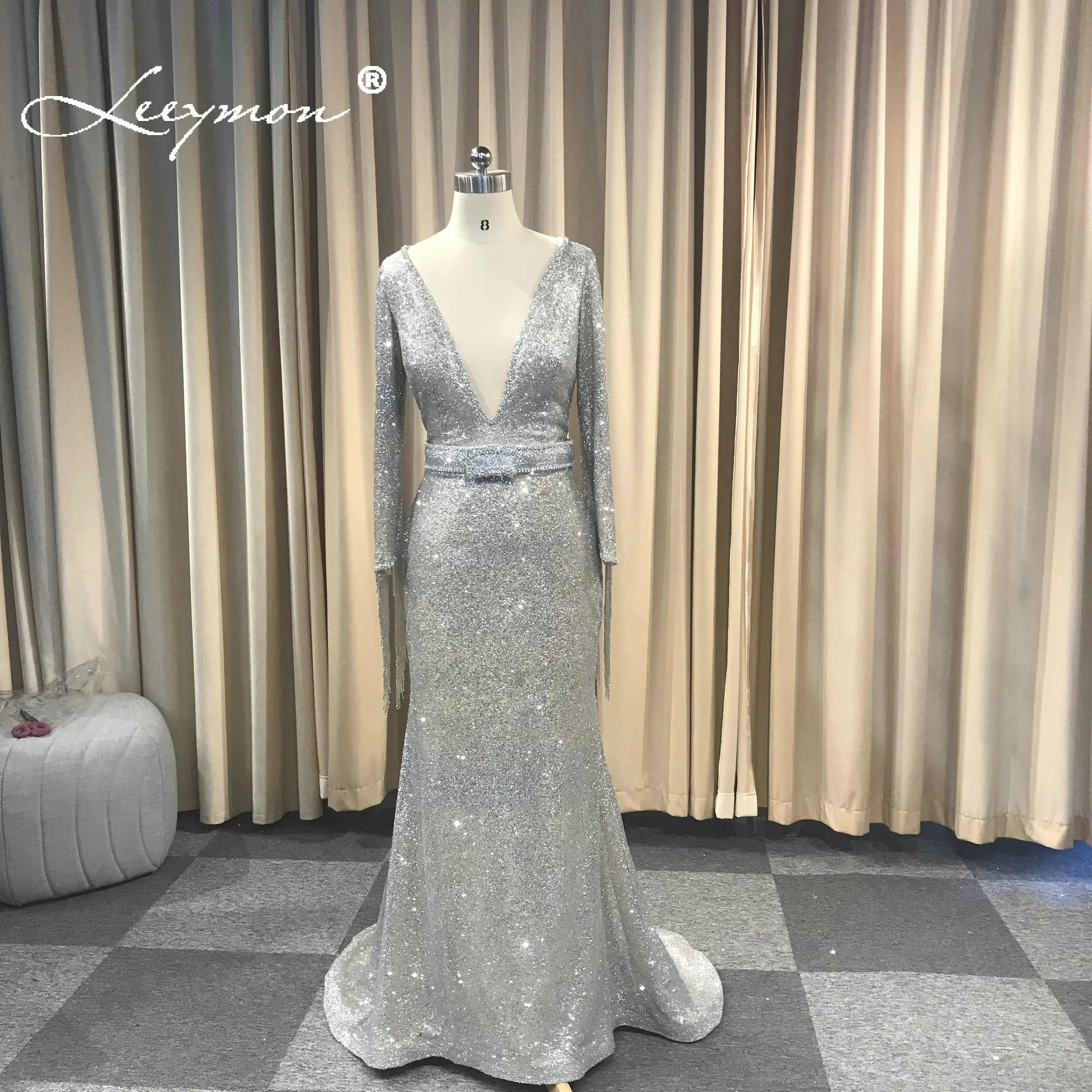 Leeymon 2019 на заказ Серебряный Русалка блеск вечернее платье с длинными рукавами