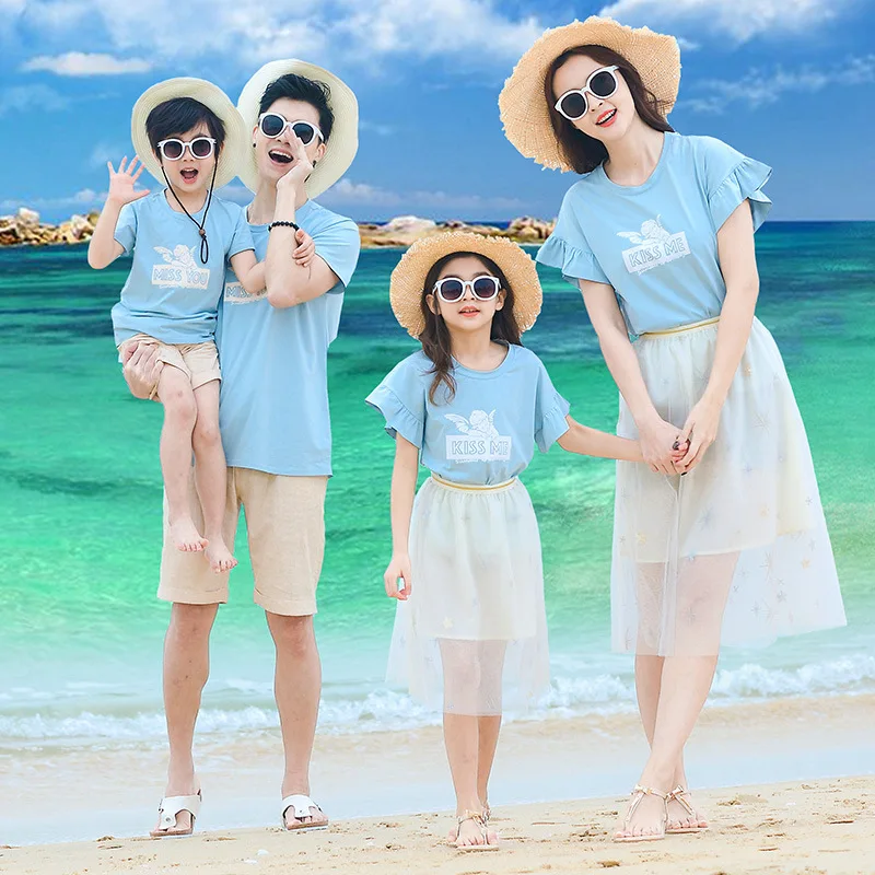 

Summer Family Matching Outfits Dad Son Sets T-Shirt+Shorts 2PCS Mom Girls T-shirt+Skirt Sport Suit Beach Vacation Cotton Clothes