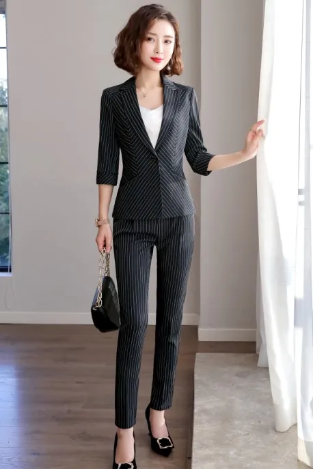 Black coat and pants Новинка, летние деловые полосатые брюки, костюмы для женщин, формальные, формальные, модные, половина рукава, Тонкий Блейзер и брюки, Офисная Женская одежда для работы - Цвет: Black coat and pants