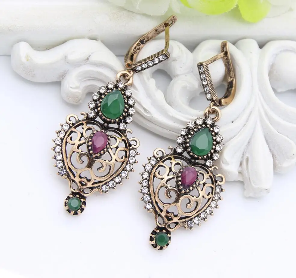 Винтажные турецкие женские полые круглые полимерные длинные серьги под старину золото Цвет крючок серьги этнические ювелирные изделия подарок для невесты - Окраска металла: FA3718green