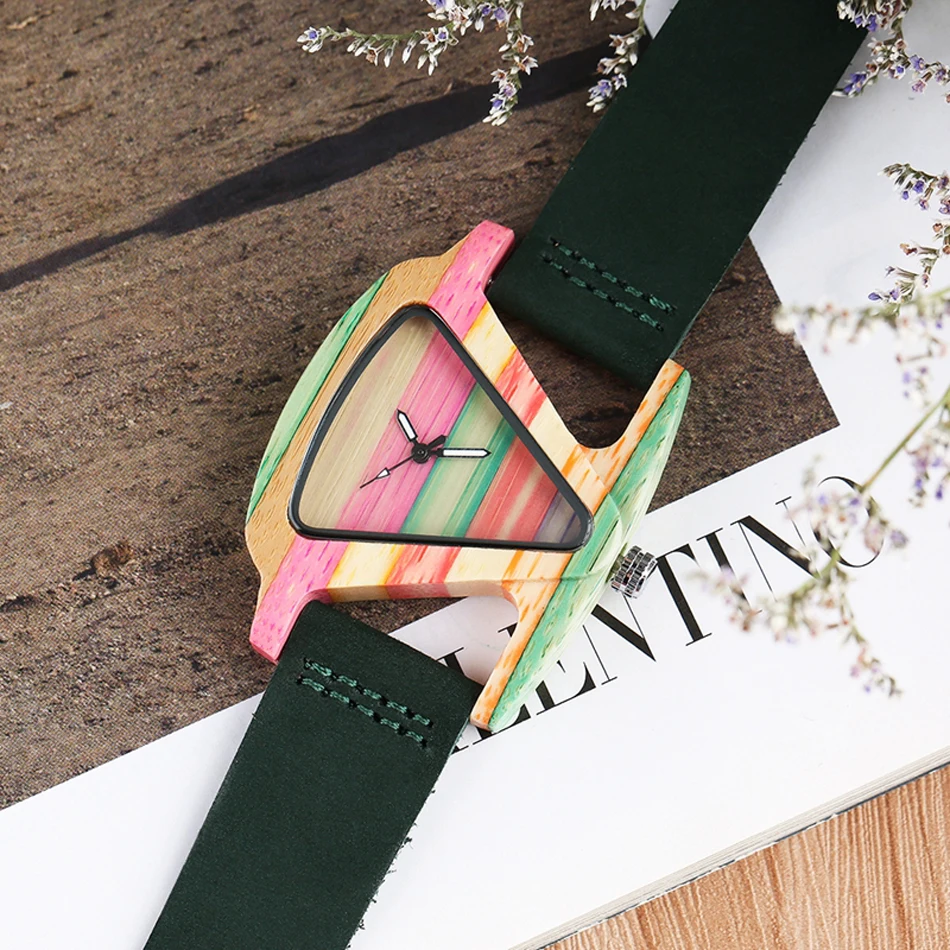 

Triangle Wood Watch Colorful Stripe Women's Creative Fashion Bamboo Leather Quartz Wristwatch relogio feminino
