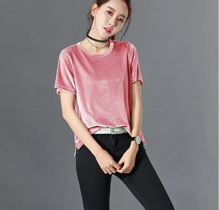 2022 Summer Gold Velvet Crop Tops Women T Shirt Fashion O-neck Short Sleeve T-shirt Ladies Casual Velour Tees | Женская одежда