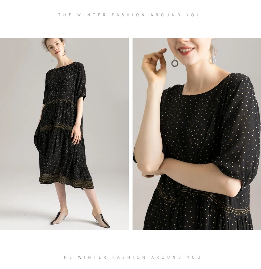 Women A-Line Dress 100%Real Silk Dots Printed O neck Long Dresses Calf Length Loose Dress New Summer Dress