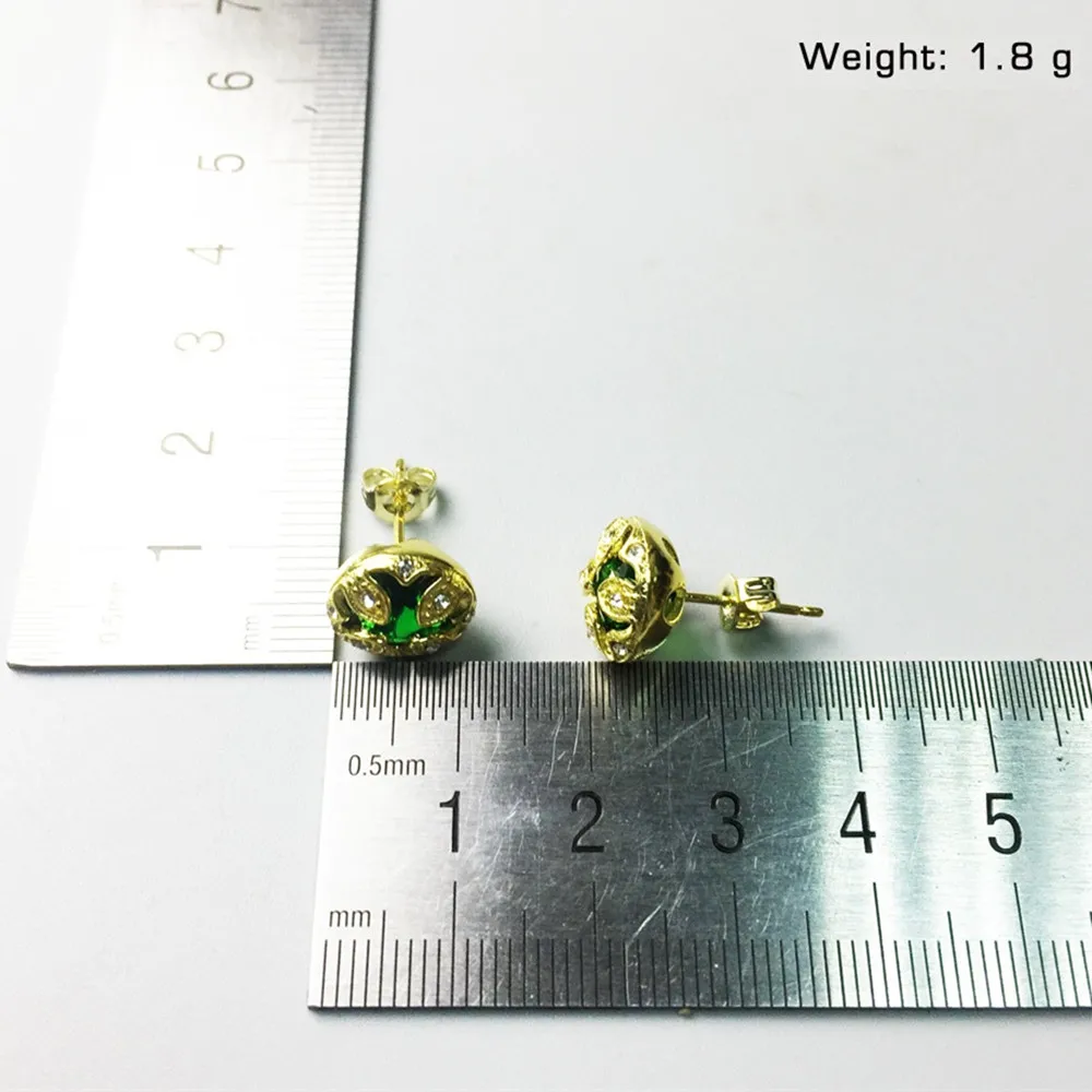 Золотые серьги гвоздики с белым цирконием зеленые кварцевые в форме лотоса