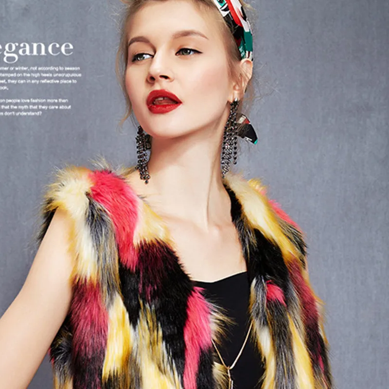 

AKSLXDMMD Women Faux Fox Fur Vest 2019 New Fashion Shine Color Long Coat Winter Warm Overcoat V-neck Sleeveless Jacket LH976