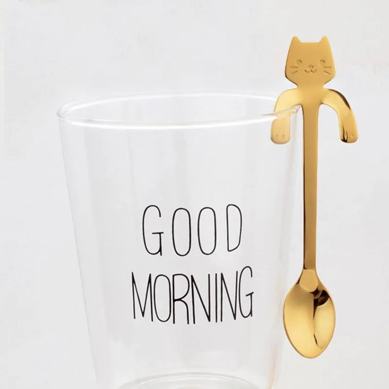 Gold Cat MICCK кофейная ложка из нержавеющей стали Милая кошка Медведь чайная ложка для кофе инструменты бариста для украшения кухни аксессуары инструмент чайная ложка - Цвет: Gold Cat