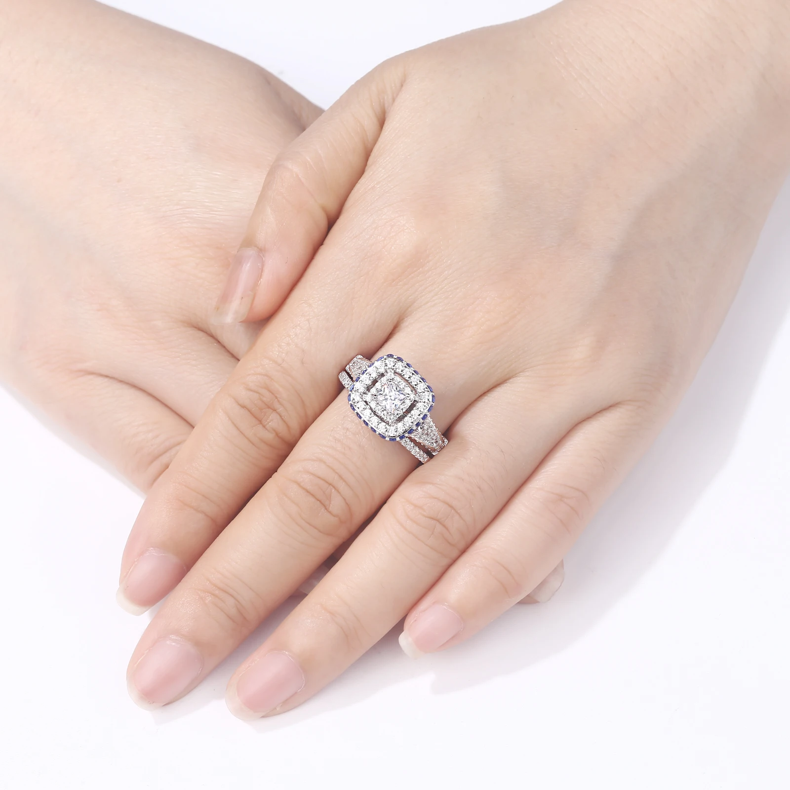 

Wuziwen 2 Pcs 925 Sterling Silver Wedding Rings For Women 2.1Ct Princess Cut White Zircon Blue Crystal Engagement Ring Set Jewel