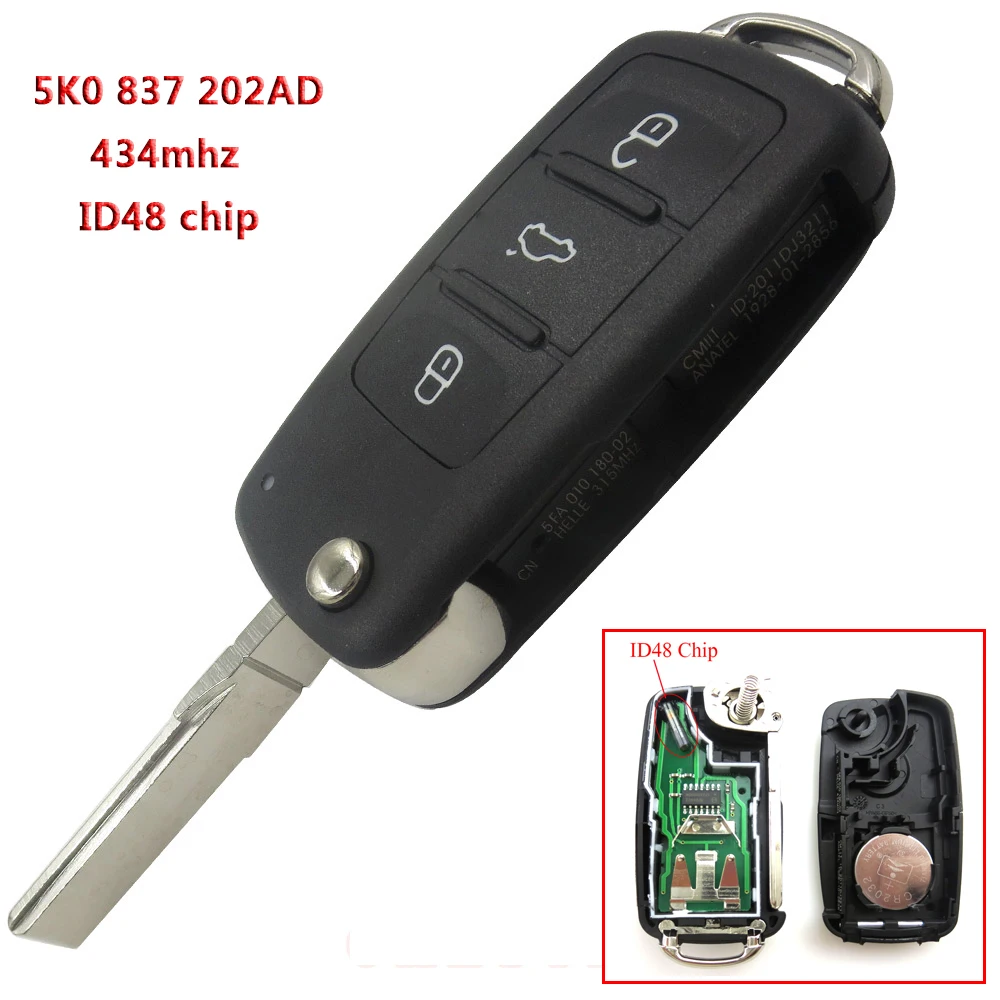 5K0837202AD 3 кнопки дистанционный ключ 434 МГц ID48 чип для VW Volkswagen GOLF PASSAT Tiguan Polo Jetta Beetle Hella