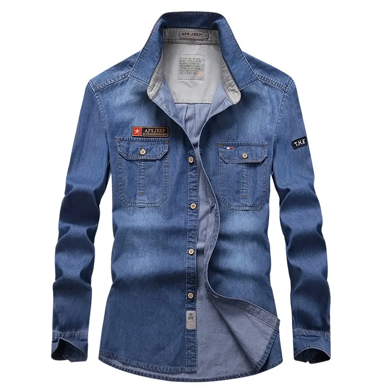 denim blue Брендовая одежда, джинсовые рубашки, мужские повседневные рубашки с длинным рукавом, модные облегающие джинсовые рубашки Camisa, мужские джинсовые рубашки 4XL, американский европейский стиль - Цвет: denim blue