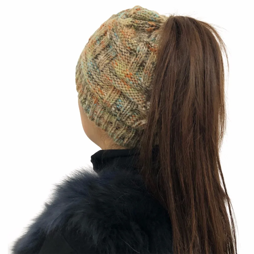 Fashion Ponytail Beanie Women Winter Hats Crochet Knitted Bamboo Ski Cap Skullies Beanies Warm Caps Female Stylish Hat Ladies