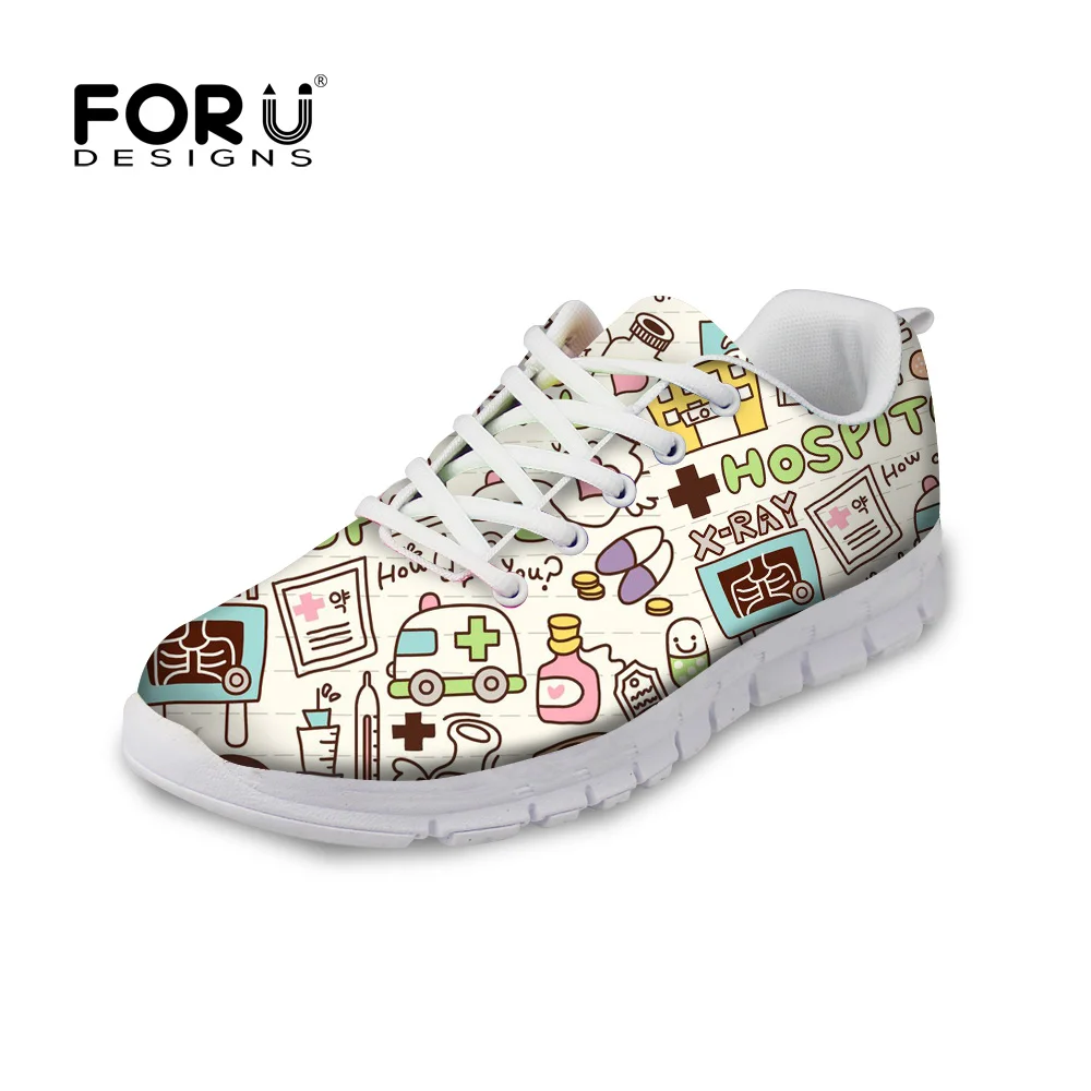 

FORUDESIGNS Casual Women Flats Shoes 2018 Nurse Pattern Women's Lace-up Super Light Sneakers Woman Nurses Female Mesh Shoes Girl