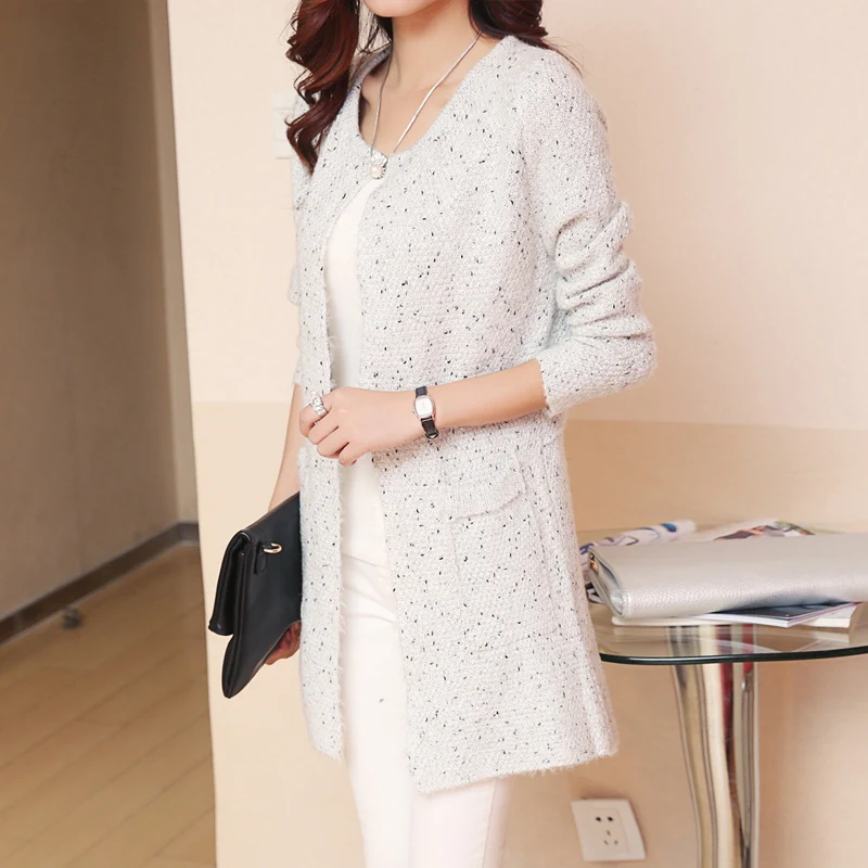 2016 long in coats knit cardigan sweater show thin pocket female collar |