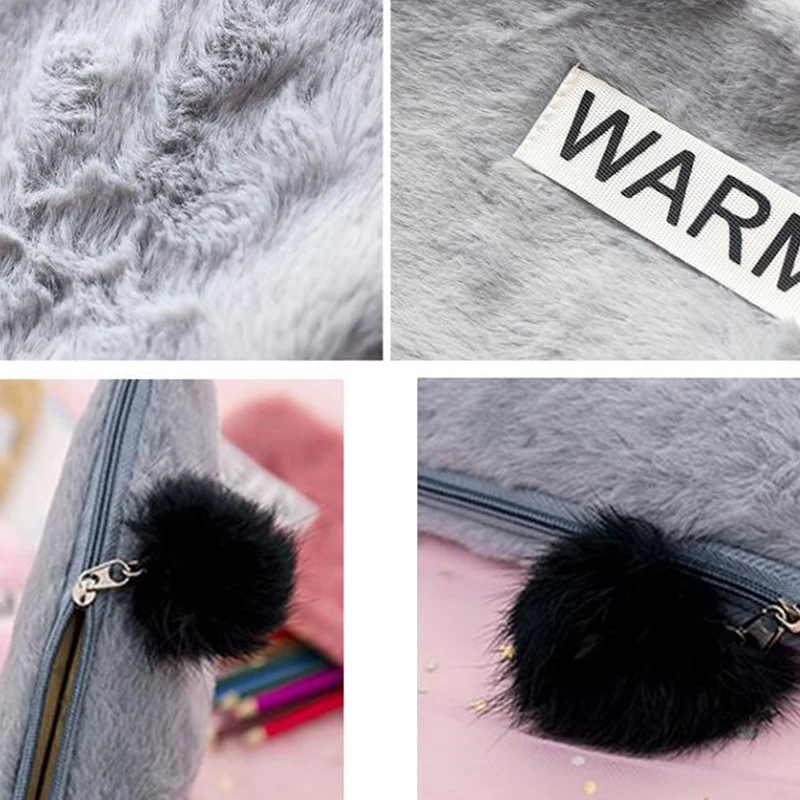 1 Pc Plush Pencil Bag Winter Warm Fur Furry Candy Color Cases With Hairball Zipper For Student School Office Supply | Канцтовары для