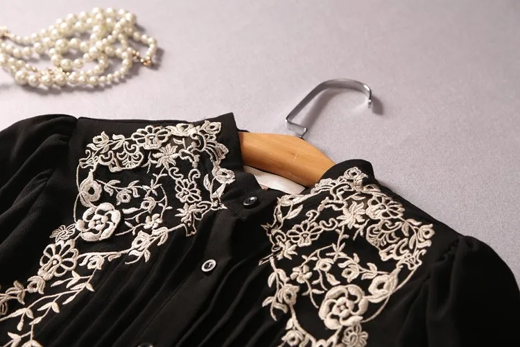 Fashion Brand Silk Blouse Spring Fall Embroidery Blouses Women Lantern Sleeve hollow cut Chiffon Plus Size shirt w1910 |