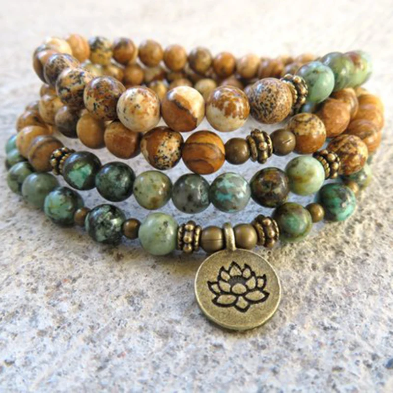 108 mala beads браслет Lotus Yoga Штабелируемый индийский камень и Африканский T urquoise из