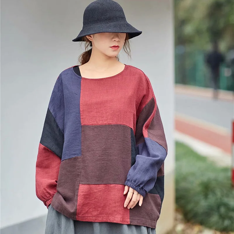 SCUWLINEN 2019 Для женщин Демисезонный Повседневное Топы Винтаж плед лоскутное