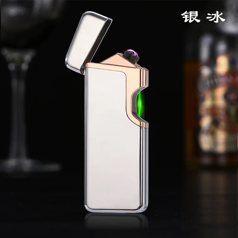 Индукционная электронная USB Зажигалка, металлическая плазменная зажигалка с двойной дугой, зажигалка для сигарет, Электрический Турбо-зажигалка, мужские подарки - Цвет: Ice Silver
