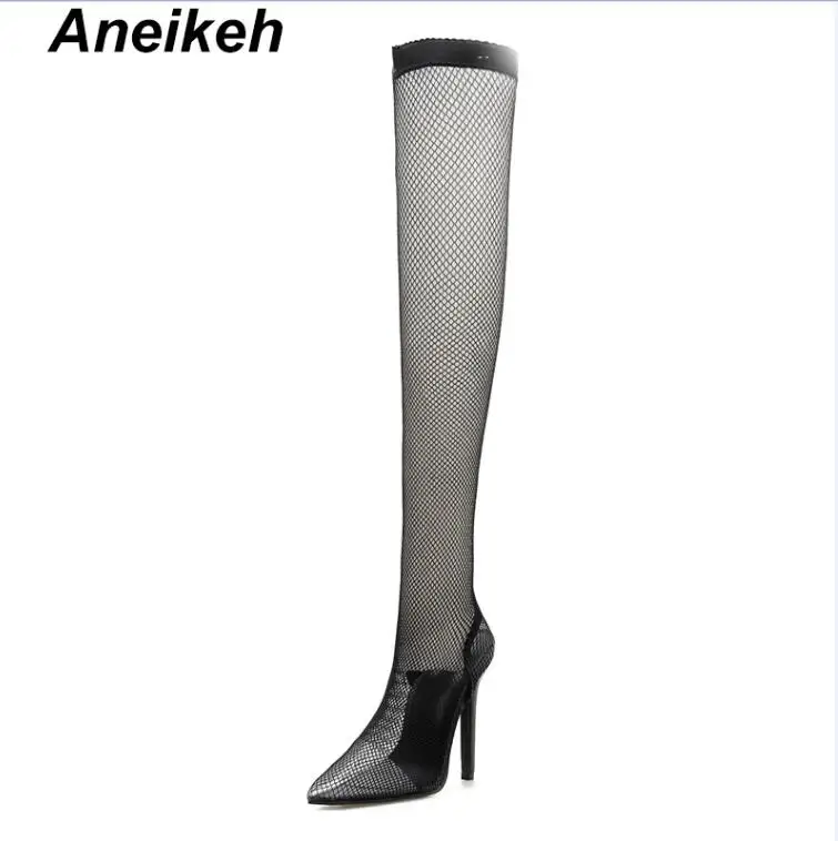 Black Aneikeh/модные женские сапоги выше колена; ажурная обувь на высоком каблуке; пикантные женские босоножки с острым носком; Mujer; Цвет Черный - Цвет: Black