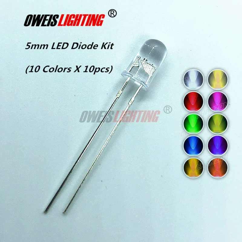 100pcs 5mm LED Assorted Kit Clear Warm White Green Red Blue UV Yellow Orange Pink DIY 20mA Free shipping | Лампы и освещение