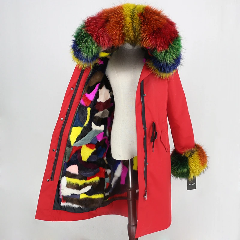 red multi OFTBUY удлиненная парка, пальто из натурального меха, зимняя куртка для женщин, натуральный меховой воротник, Капор из норки, меховая подкладка, водонепроницаемая верхняя одежда, съемная - Цвет: red multi