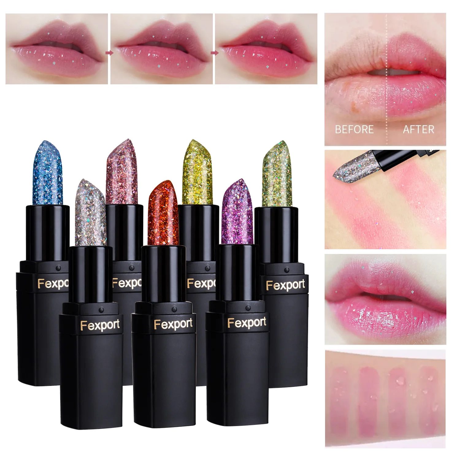 Fexport seven-color diamond temperature change lipstick color lasting fade moisturizing flash lip makeup |