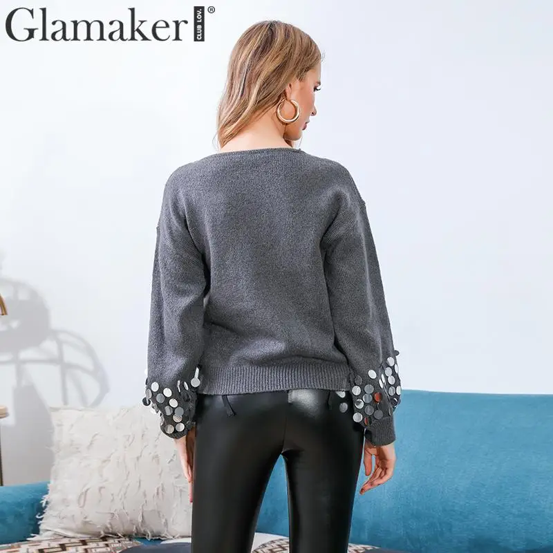 Glamaker вязаный свитер с длинными рукавами серого цвета блестками женский